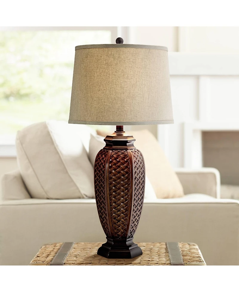 Regency Hill Tropical Table Lamp 29" Tall Woven Wicker Pattern Beige Linen Drum Shade for Living Room Family Bedroom Bedside Nightstand