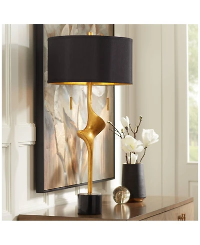 Possini Euro Design Athena Modern Buffet Table Lamp 35 1/2" Tall Sculptural Gold Leaf Black Drum Shade Bedroom Living Room Bedside Nightstand Off