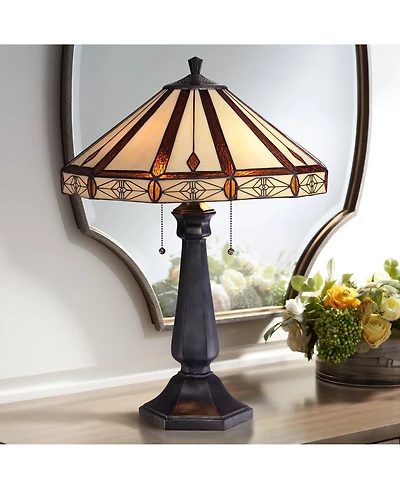 Robert Louis Tiffany Mission Table Lamp 25" High Bronze Octagonal Art Glass Shade for Living Room Family Bedroom Bedside Nightstand Office