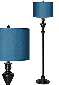 Modern Style Standing Floor Lamp 58" Tall Black Bronze Soft Gold Edging Metal Textured Blue Faux Silk Drum Shade Decor for Living Room Reading House B