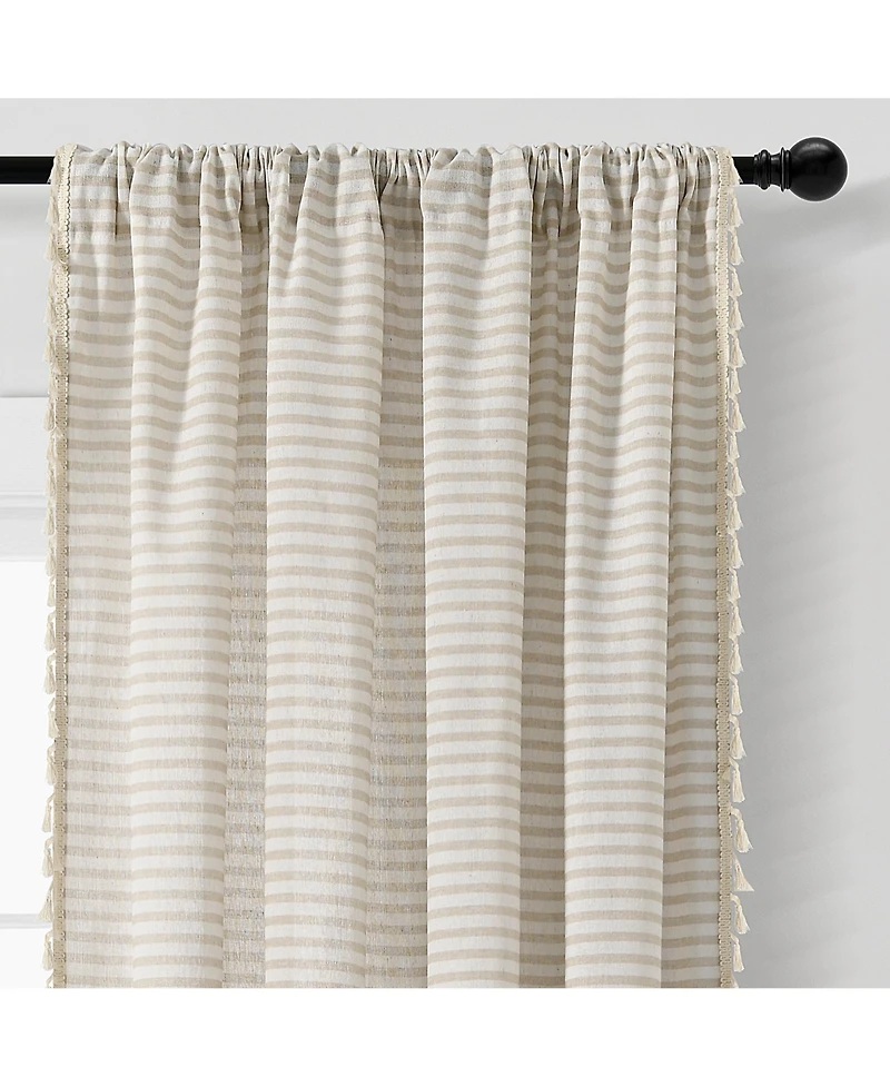 Boho Coastal Horizontal Ticking Stripe Tassel Window Curtain Panels