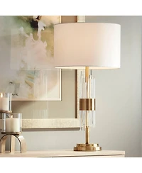 Possini Euro Design Aloise Modern Mid Century Table Lamp 27 1/2" Tall Brass Clear Glass Tube White Drum Shade for Bedroom Living Room Bedside Off