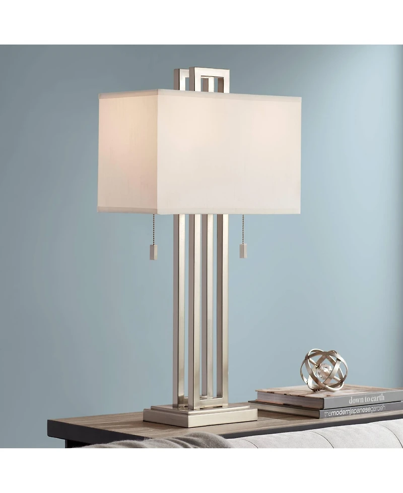 Possini Euro Design Modern Table Lamp 30" Tall Brushed Nickel Metal White Fabric Rectangular Shade for Bedroom Living Room House Bedside Nightsta