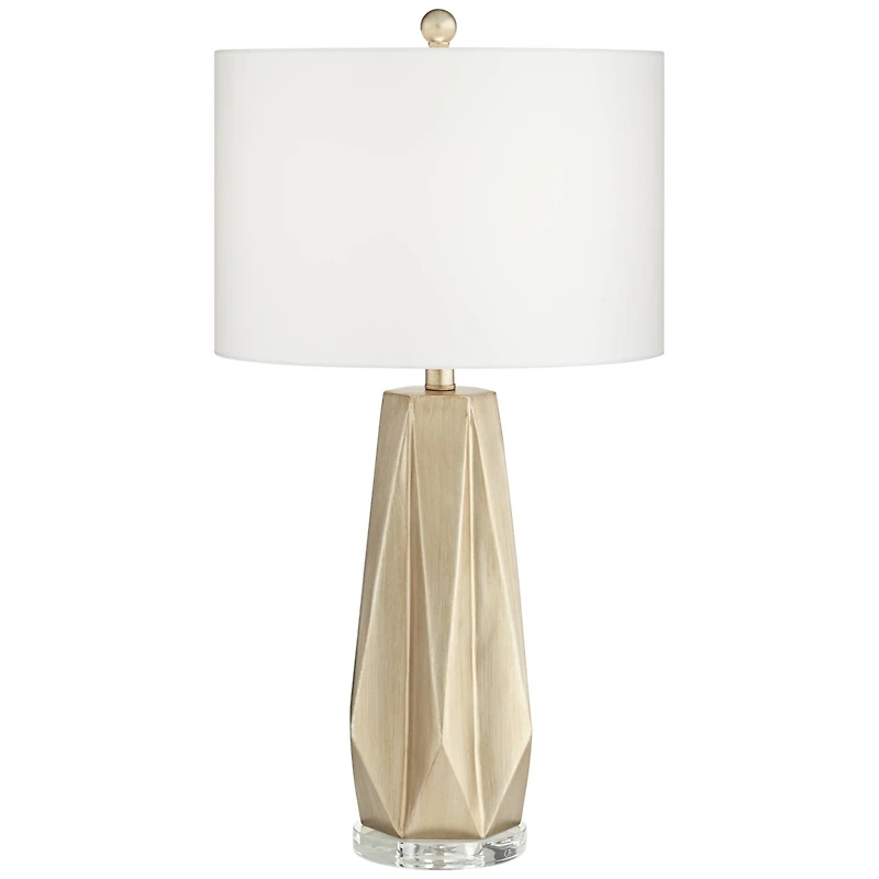 Bravo Modern Table Lamp 28" Tall Champagne Gold Diamond Geometric Cut White Drum Shade Decor for Bedroom Living Room House Home Bedside Nightstand Off