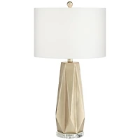Bravo Modern Table Lamp 28" Tall Champagne Gold Diamond Geometric Cut White Drum Shade Decor for Bedroom Living Room House Home Bedside Nightstand Off