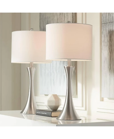 360 Lighting Gerson Modern Table Lamps 24" High Set of 2 Brushed Nickel with Dimmers Led White Drum Shade for Bedroom Living Room Bedside Nightst