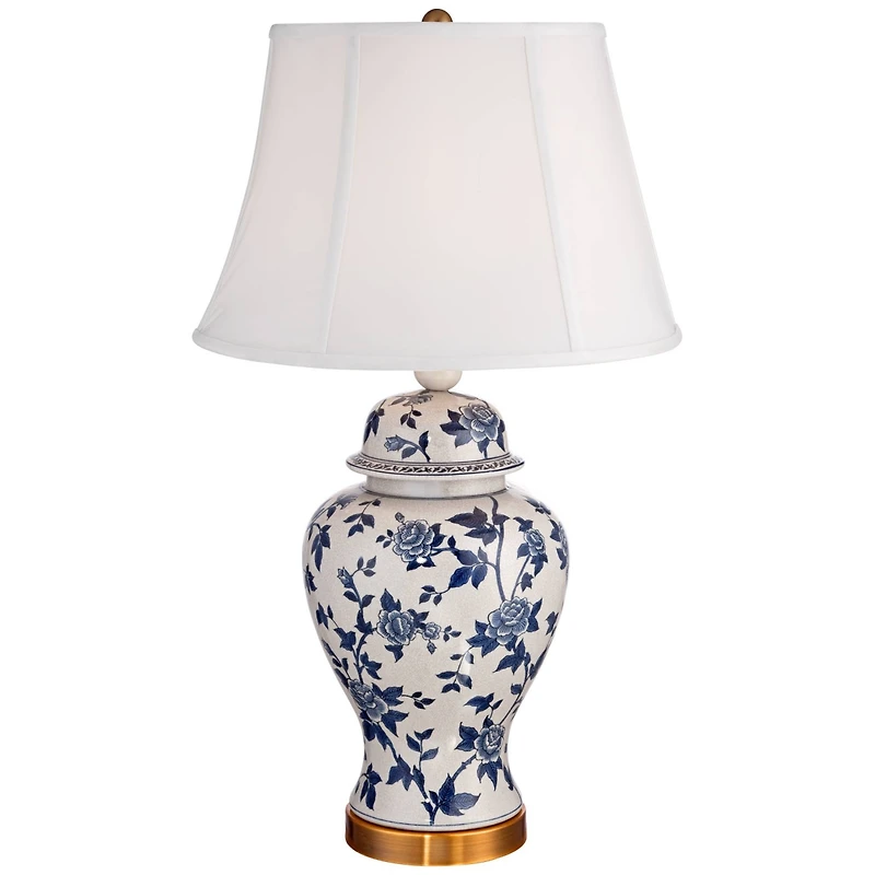 Traditional Asian Chinese Style Table Lamp 25" High Crackle Ceramic Blue White Temple Jar Bell Shade Decor for Living Room Bedroom House Bedside Night