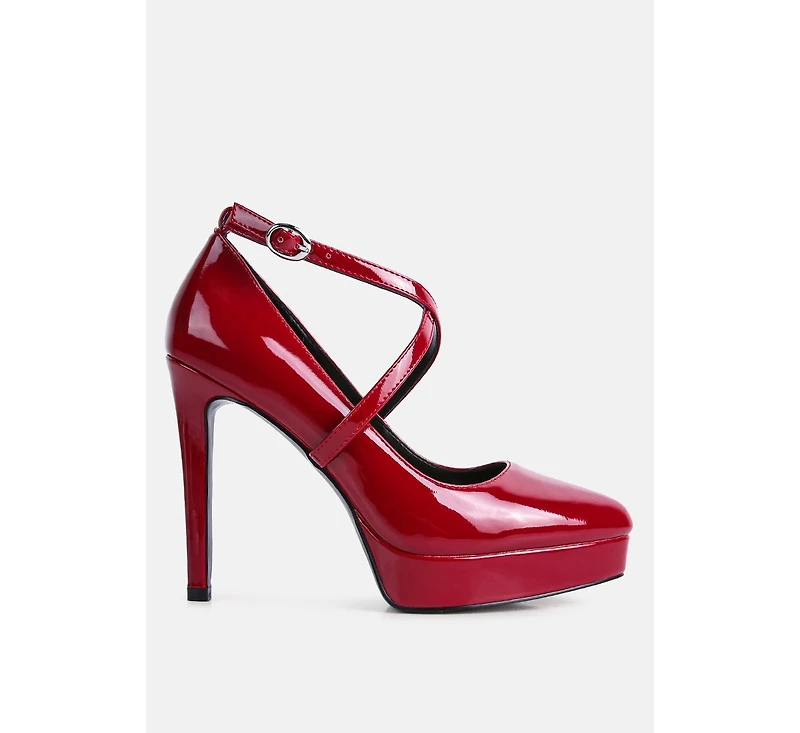 pixie dust patent faux leather cross strap pumps