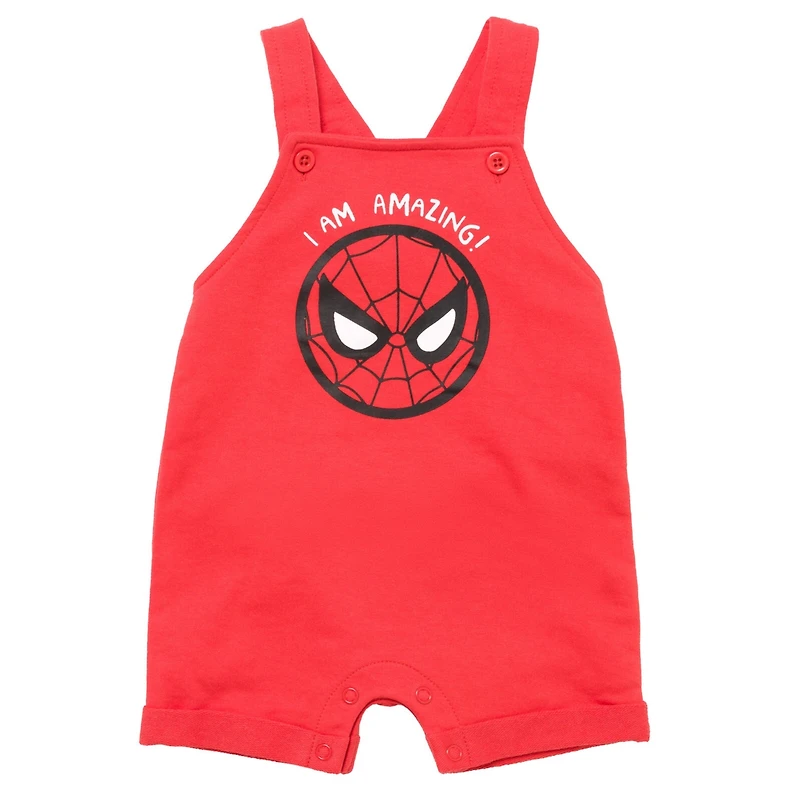 Avengers Baby Boys French Terry Short Overalls T-Shirt and Hat 3 Piece Outfit Set