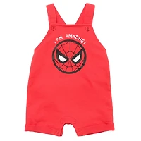 Avengers Baby Boys French Terry Short Overalls T-Shirt and Hat 3 Piece Outfit Set