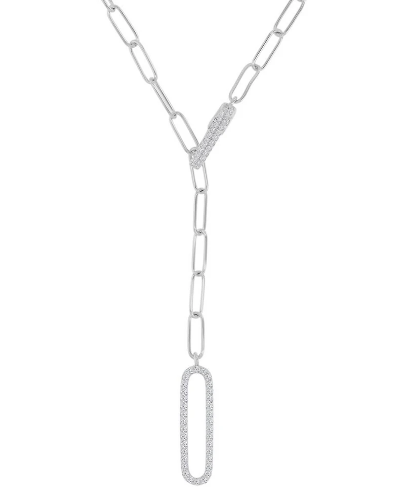 Cubic Zirconia Pave Paperclip Link Chain Necklace, 17" + 2" extender