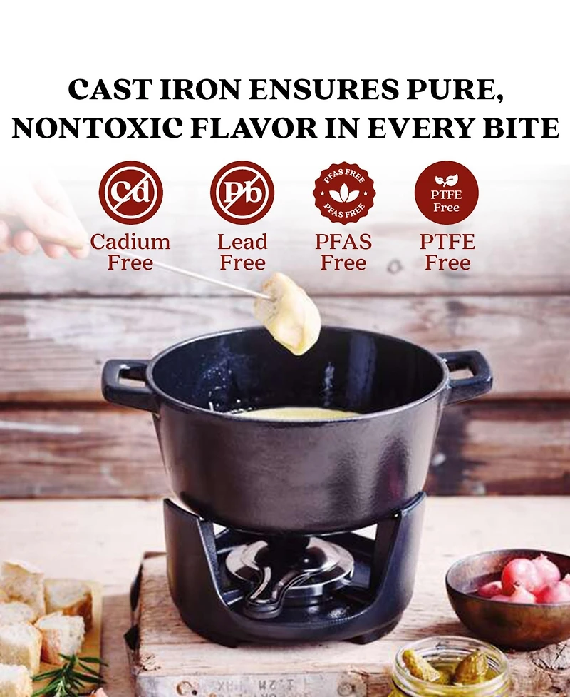 Alva Nori 2 Qt Enameled Cast Iron Fondue Set - Adjustable Burner & 8 Forks