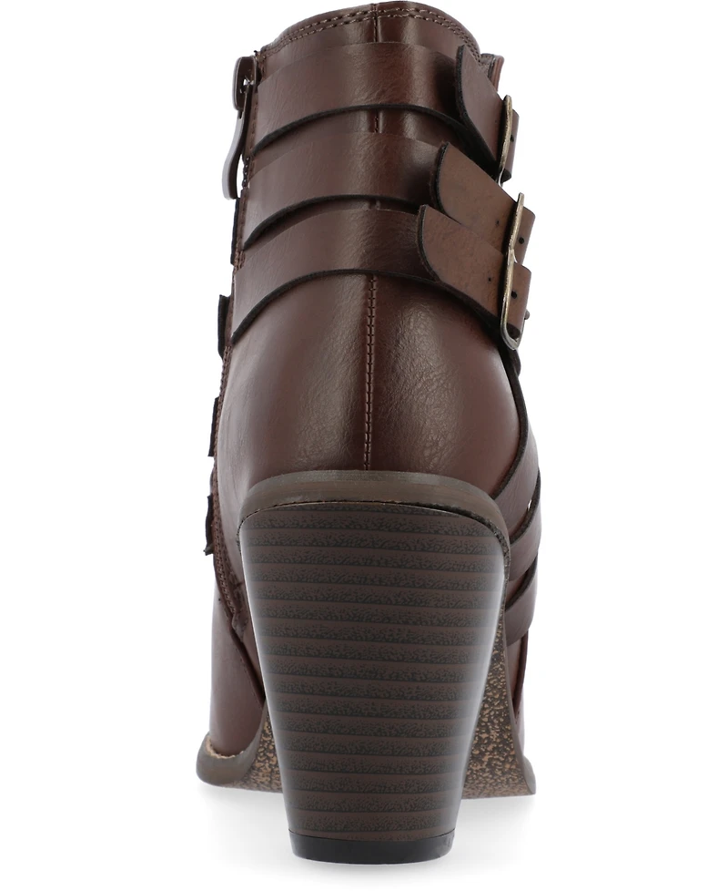 Journee Collection Women's Strap Round Toe Stacked Heel Dress Booties