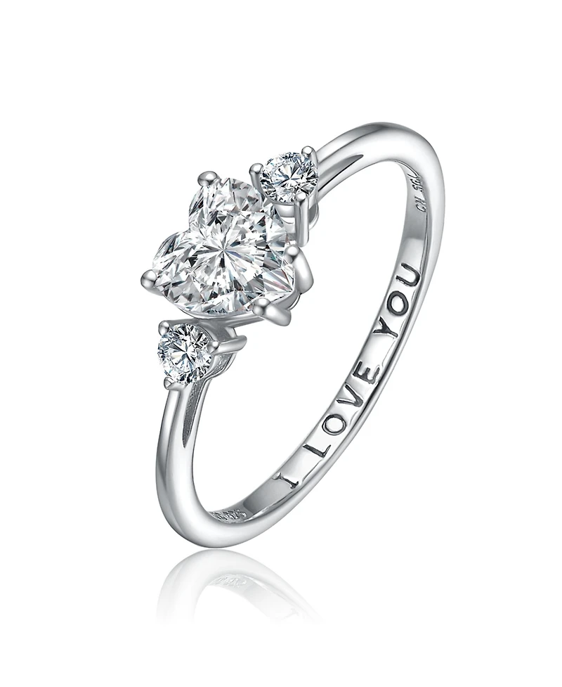 Sterling Silver Heart and Round Clear Cubic Zirconia's Three-Stone "I Love You" Ring