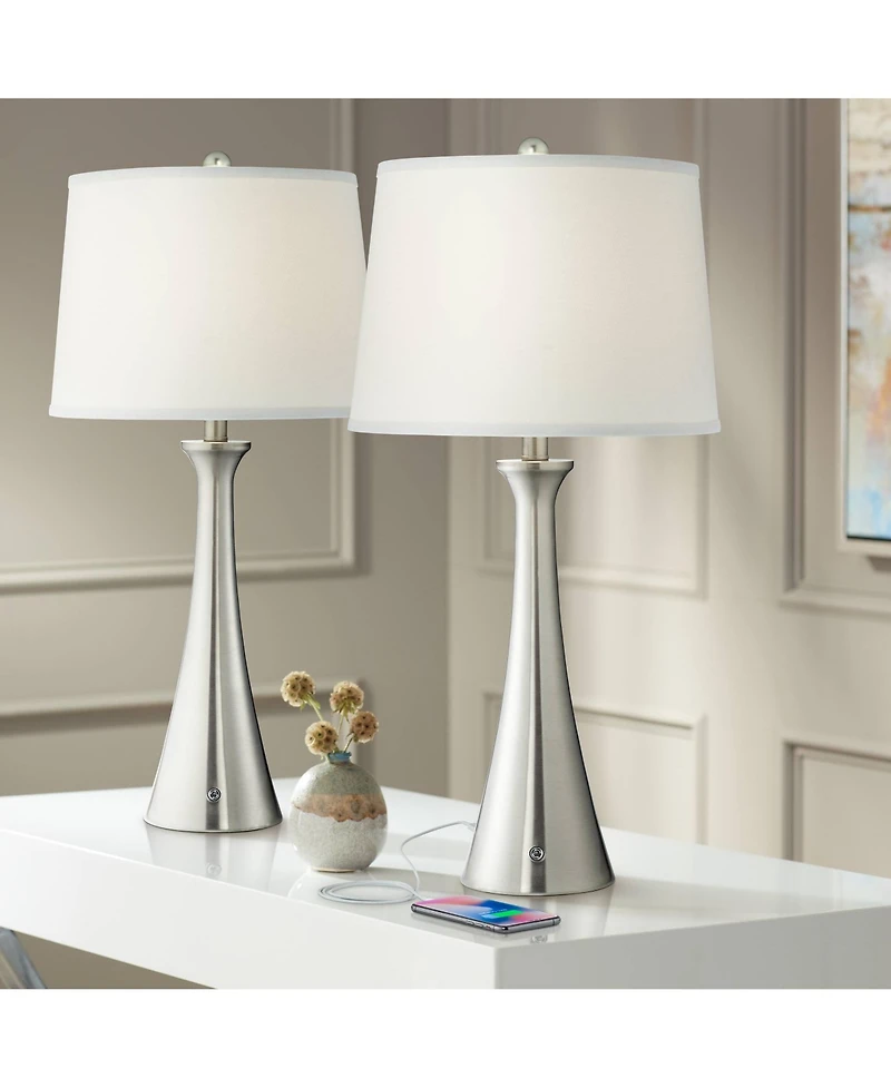 360 Lighting Karl Modern Table Lamps 27 1/2" Tall Set of 2 Brushed Nickel with Usb and Outlet White Drum Shade for Bedroom Living Room House Beds