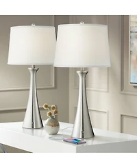 360 Lighting Karl Modern Table Lamps 27 1/2" Tall Set of 2 Brushed Nickel with Usb and Outlet White Drum Shade for Bedroom Living Room House Beds