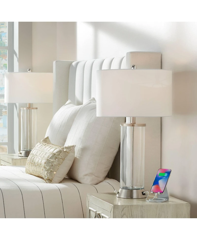 360 Lighting Watkin Modern Table Lamps 27 1/2" Tall Set of 2 Clear Glass with Usb and Ac Power Outlet Led White Shade for Bedroom Living Room Bed