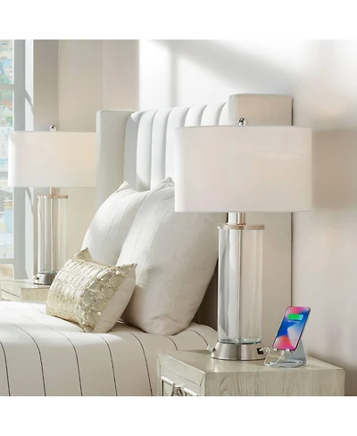 360 Lighting Watkin Modern Table Lamps 27 1/2" Tall Set of 2 Clear Glass with Usb and Ac Power Outlet Led White Shade for Bedroom Living Room Bed