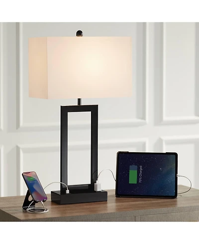 360 Lighting Modern Table Lamp with Usb and Ac Power Outlet 30" Tall Black Metal White Rectangle Shade for Living Room Bedroom House