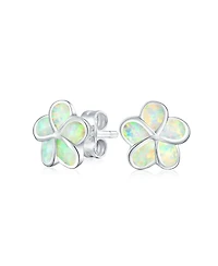 Bling Jewelry White Plumeria Flower Created Opal Stud Earrings Sterling Silver 10MM