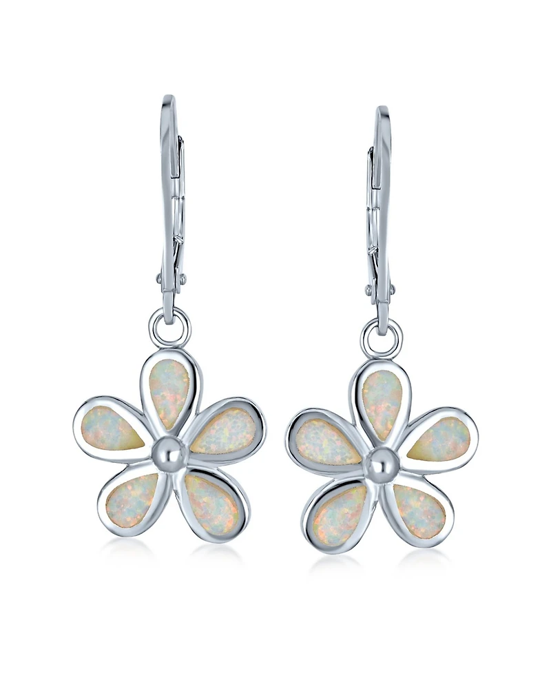 Bling Jewelry White Plumeria Flower Synthetic Opal Dangling Earrings Sterling Silver Lever Back