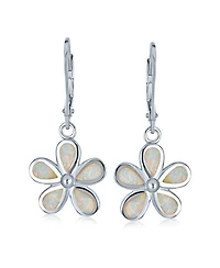 Bling Jewelry White Plumeria Flower Synthetic Opal Dangling Earrings Sterling Silver Lever Back