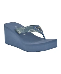 Guess Women's Demmey Logo Thong Square Toe Wedge Sandals - Dark Blue Denim