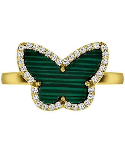 Malachite & Cubic Zirconia Butterfly Halo Ring 14k Gold-Plated Sterling Silver