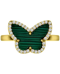Malachite & Cubic Zirconia Butterfly Halo Ring 14k Gold-Plated Sterling Silver
