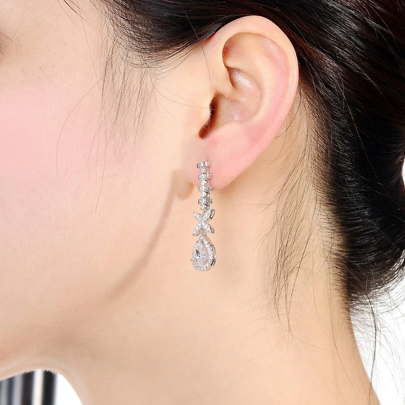 Sterling Silver Clear Cubic Zirconia Pear Lite Dangle Earrings