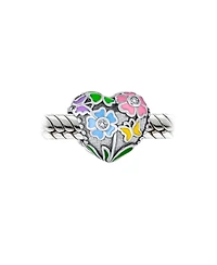 Bling Jewelry Valentine Cz Accent Love Grows Multi Color Enamel Floral Bouquet 3D Flower Heart Shape Charm Bead Sterling Silver Fits European Bracelet