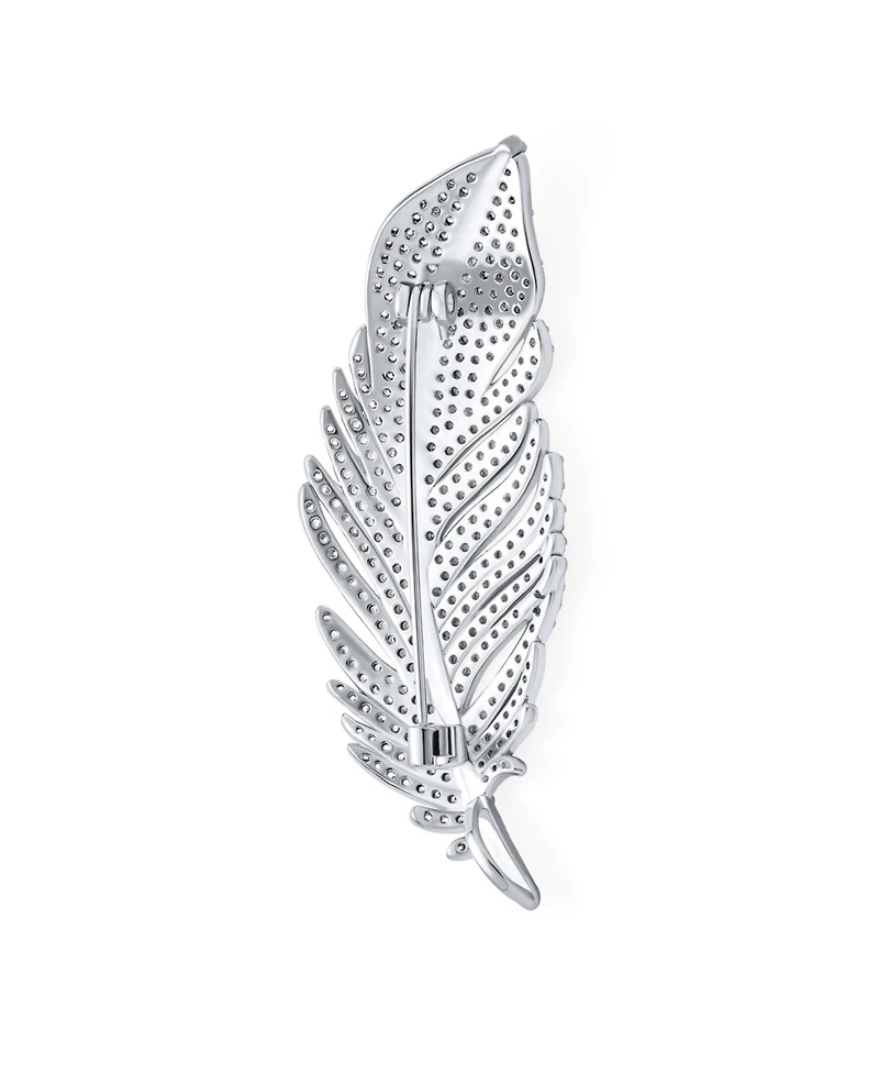 Bling Jewelry Classic Elegant Style Large Micro Pave Cz Fan Feather Leaf Brooch Pin Pendant 2 in 1 Rhodium Brass