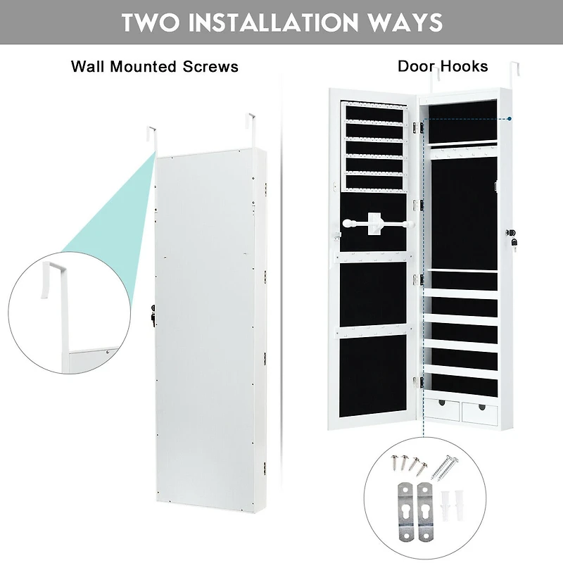 Door Mounted Lockable Mirrored Jewelry Cabinet with Led Lights