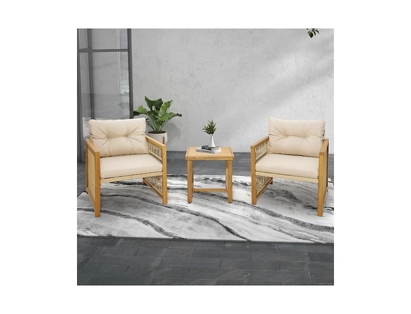 3 Pieces Patio Pe Wicker Conversation Set with Acacia Wood Frame and Cushions