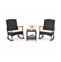 Sugift 3 Piece Patio Rocking Set Wicker Rocking Chairs with 2-Tier Coffee Table