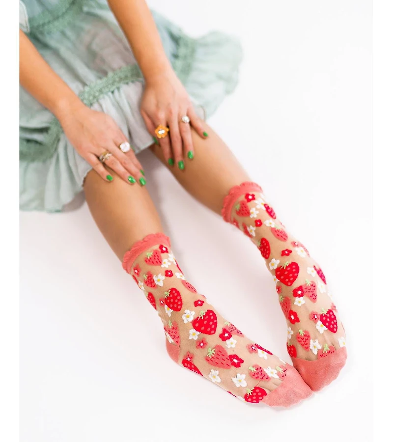 Sock Candy Women's Strawberry Daisy Ruffle Sheer Sock