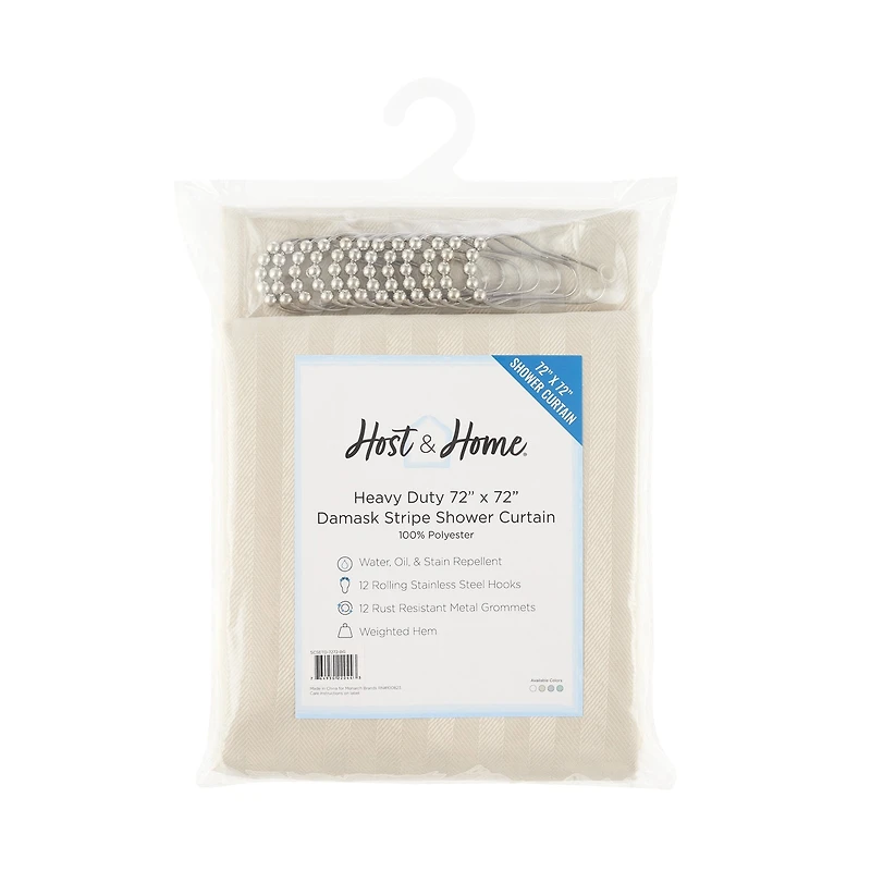 Host & Home Damask Shower Curtain Set with 12 Metal Rolling Rings, Weighted Hem, Rust-Proof Grommets, Fine 100% Polyester Yarn, 72x72, Three Proof Tre