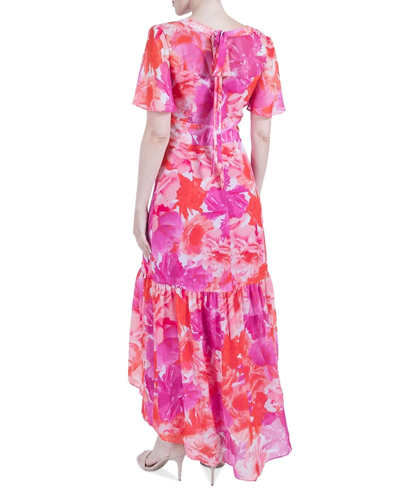 julia jordan Women's Printed Flutter-Sleeve High-Low Maxi Dress