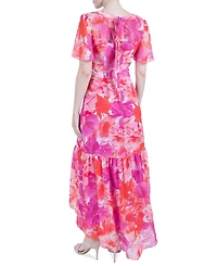 julia jordan Women's Printed Flutter-Sleeve High-Low Maxi Dress