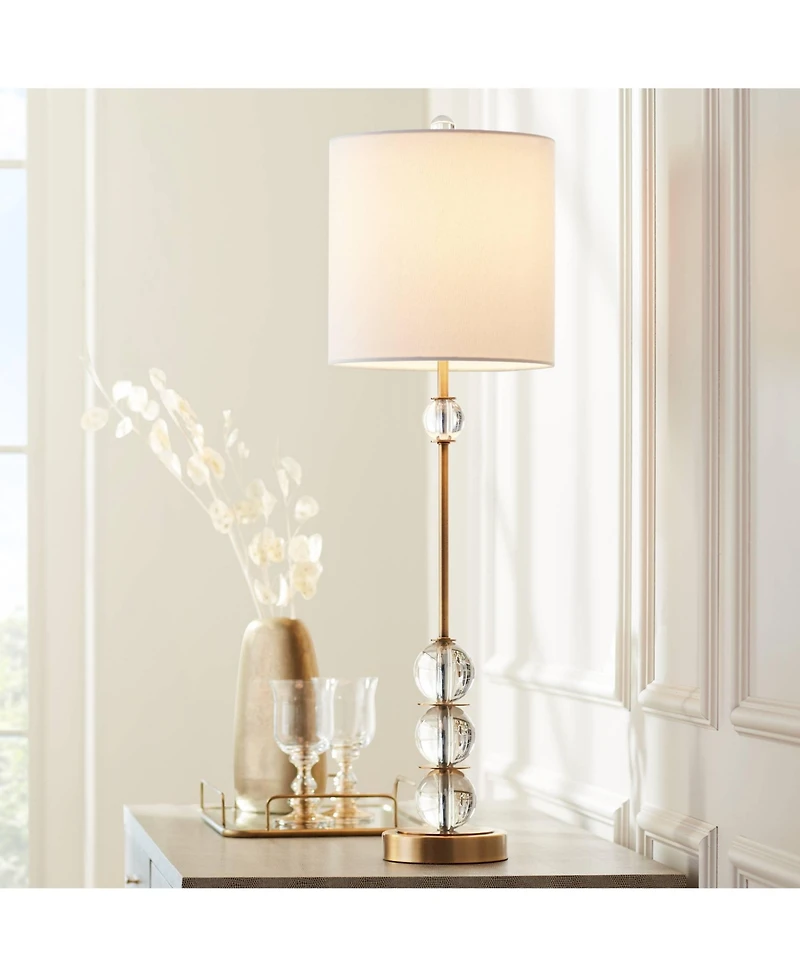 Vienna Full Spectrum Halston Art Deco Buffet Table Lamp 32 1/2" Tall Crystal Ball Brass Metal Off White Fabric Drum Shade for Bedroom Living Room