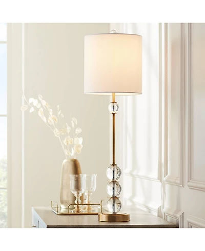 Vienna Full Spectrum Halston Art Deco Buffet Table Lamp 32 1/2" Tall Crystal Ball Brass Metal Off White Fabric Drum Shade for Bedroom Living Room
