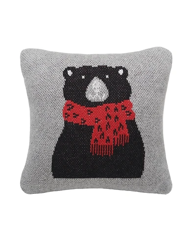10" x 10" Winter Black Bear Wearing Red Scarf on Gray Background Cotton Knit Petite Accent Throw Pillow