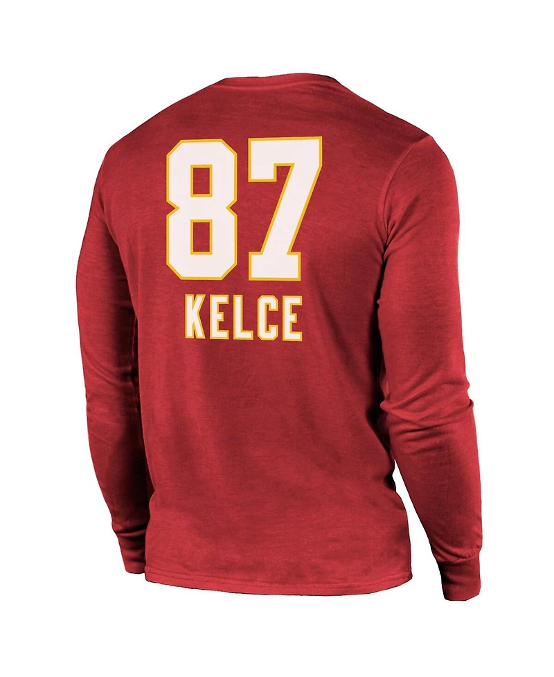 Men's Majestic Threads Travis Kelce Red Kansas City Chiefs Super Bowl Lviii Name and Number Tri-Blend Long Sleeve T-shirt