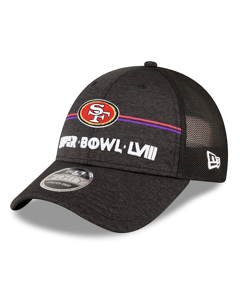 Men's New Era Heather Black San Francisco 49ers Super Bowl Lviii 9FORTY Trucker Adjustable Hat
