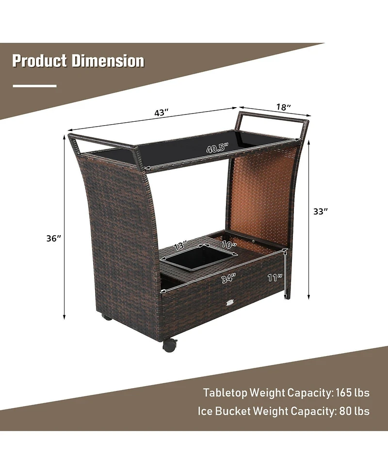 Sugift Patio Rattan Bar Serving Cart with Glass Top and Handle