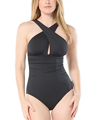 Michael Kors Women's Cross-Neck Smocked One-Piece Swimsuit