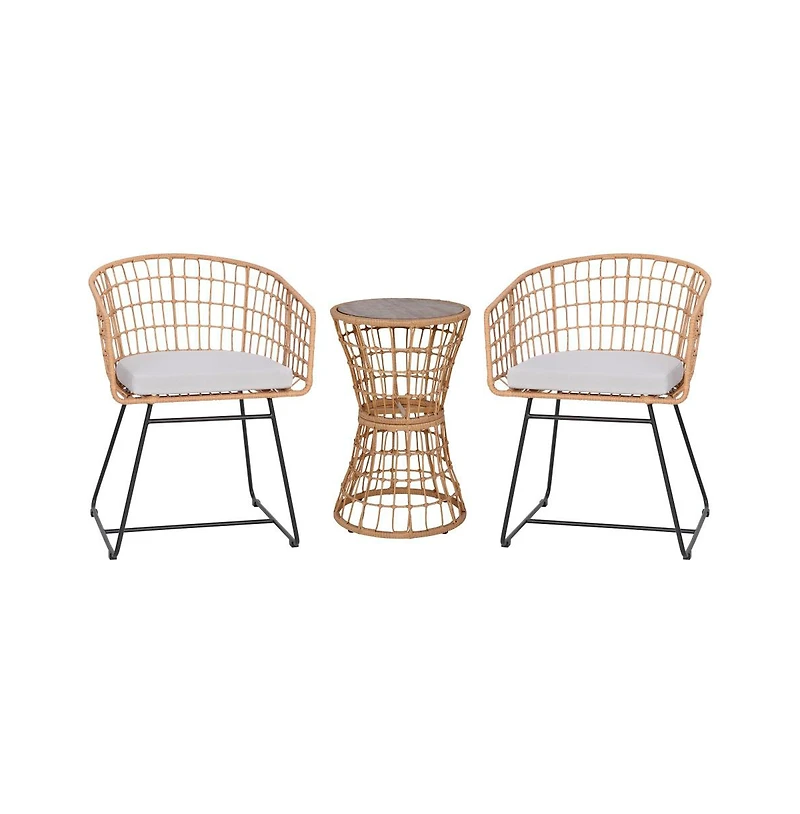 Ari Three Piece All-Weather Rattan Rope Patio Set With Acacia Wood Top Side Table And Two Chairs With Cushions