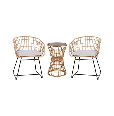 Ari Three Piece All-Weather Rattan Rope Patio Set With Acacia Wood Top Side Table And Two Chairs With Cushions