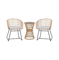 Ari Three Piece All-Weather Rattan Rope Patio Set With Acacia Wood Top Side Table And Two Chairs With Cushions