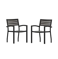 Set Of Two Aluminum Stacking Chairs With Faux Teak Slatted Back And Seat Accented Arms